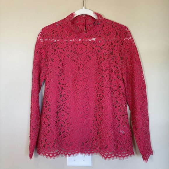 J. Crew Womens 2 Scalloped Mock Neck Laced Long‎ Sleeve Top in Dragonfruit NWT - Picture 1 of 8